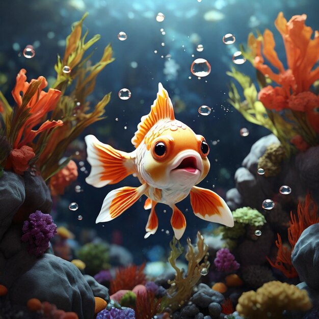 a detailed 3D illustration of cute goldfish