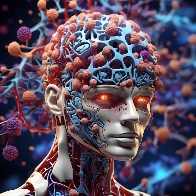 Detailed 3D Medical Figure with Highlighted Brain and Vibrant Genetic Code