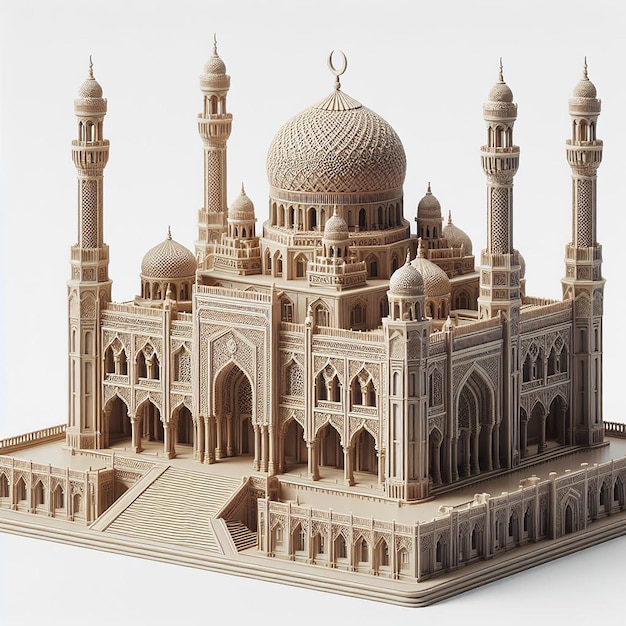 Детальный 3D-рендер миниатюрной модели мечети, демонстрирующей исламскую архитектуру на белом фоне