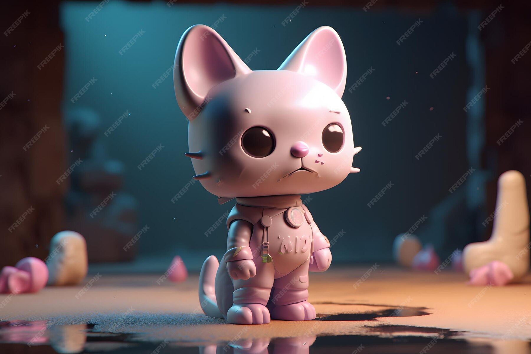 テーブルの上の様式化されたおもちゃの猫の詳細な 3 d レンダリングは、複雑な詳細とかわいいデジタル アートで赤方偏移でレンダリングされます