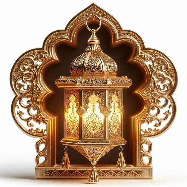 Детальный 3D-рендер украшенного золотого Рамаданского фонаря, светящегося мягко на белом фоне
