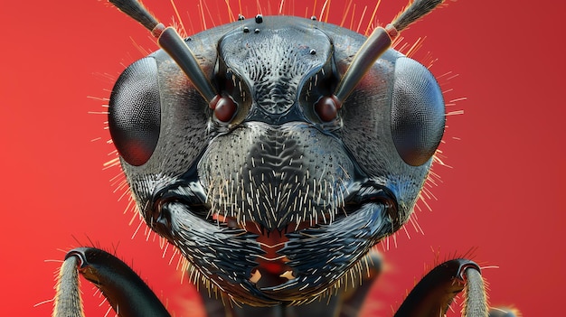 A detailed 3D rendering of an ants head showing its mandibles antennae and compound eyes