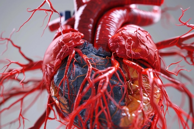 사진 인간 심장의 세부적인 3d 렌더링은 복잡한 해부학과 기능을 보여줍니다.