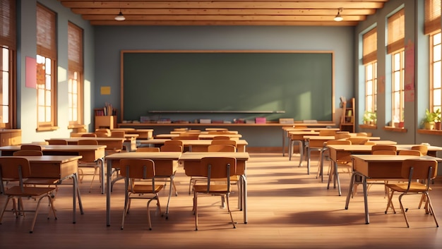 A detailed 3D rendering of a student desk with a stack of textbooks and a pencil holder