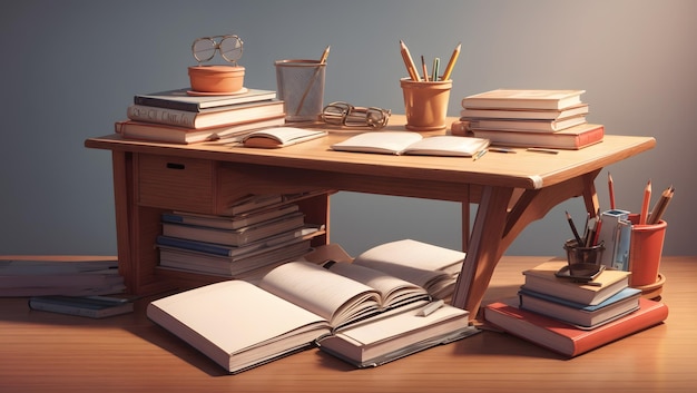 A detailed 3D rendering of a student desk with a stack of textbooks and a pencil holder