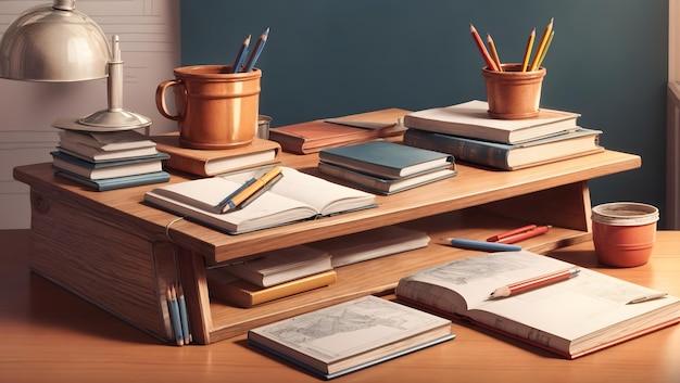 A detailed 3D rendering of a student desk with a stack of textbooks and a pencil holder