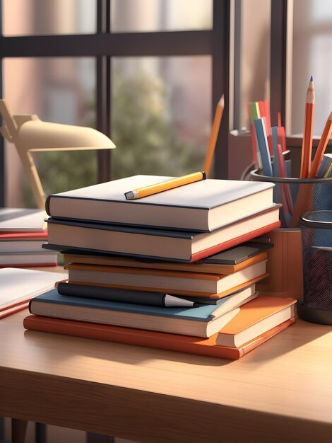 A detailed 3D rendering of a student desk with a stack of textbooks and a pencil holder