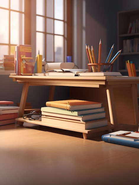 A detailed 3D rendering of a student desk with a stack of textbooks and a pencil holder