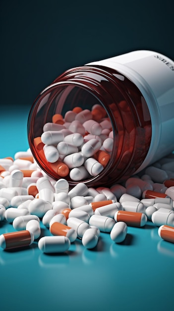 Detailed 3d rendering of white medication bottle containing numerous therapeutic capsules vertical m