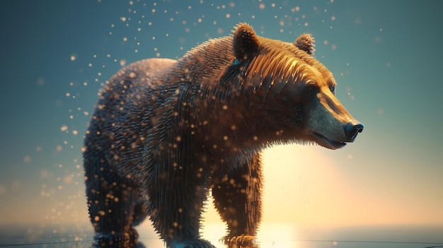 Детальный 8k октановый рендеринг бурого медведя, стоящего на воде, с кинематографическим мехом и сложными текстурами