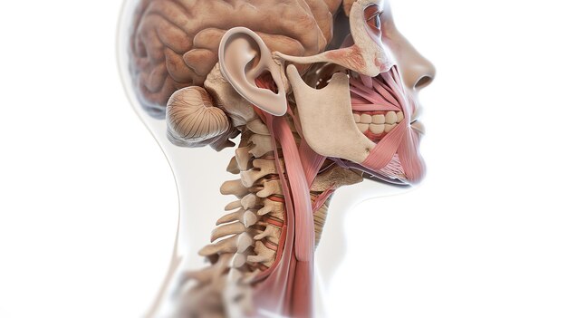 Foto modello anatomico dettagliato di una testa umana che mostra i muscoli cerebrali, le ossa e la struttura facciale in un