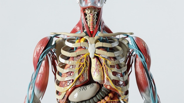 Photo detailed anatomical model showcasing human internal organs and muscular structure for educational pu