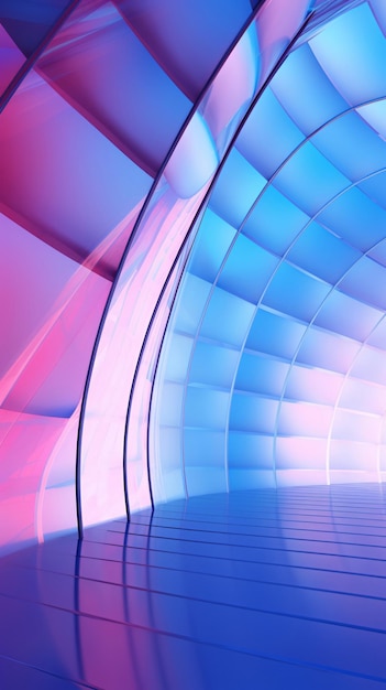 자세한 건축 유리는 연한 보라색과 분홍색 스타일로 곡선과 파란색 조명 벽으로 되어 있습니다.