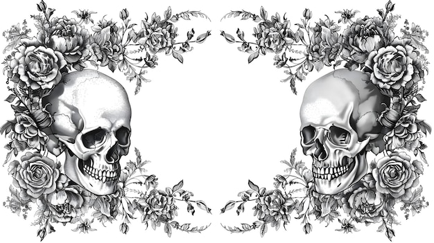 Фото detailed art nouveau border with skulls and flowers in antique engraving style for text placement
