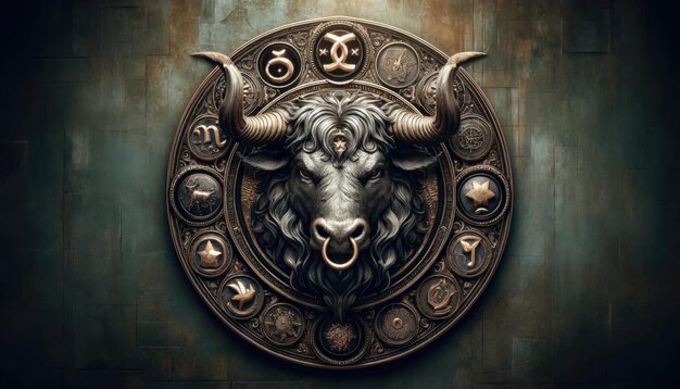 A detailed artistic depiction of a bulls head with mystical astrological symbols on a textured dark background