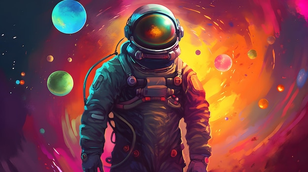 Detailed astronaut in space suit surrounded by planets in a cosmic painting by Behance contest winner