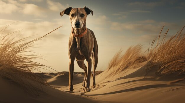 Detailed Atmospheric Portraits Of A Greyhound Dog On The Sand