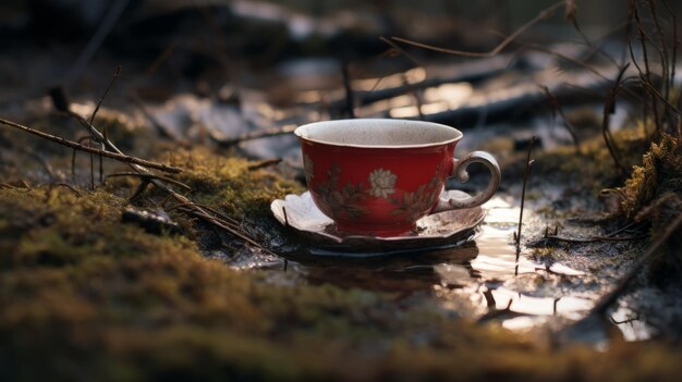 Photo detailed atmospheric portraits red cup of coffee in moss on shallow pond