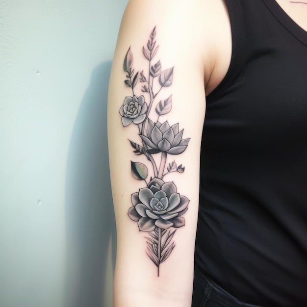 Detailed Black And Gray Leaf Flower Tattoo On Shoulder