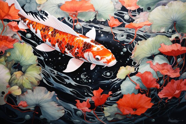 Detailed black ink painting of a vibrant koi fish swimming amidst floating lotus leaves