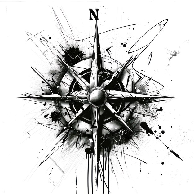 Detailed Black and White Compass Drawing