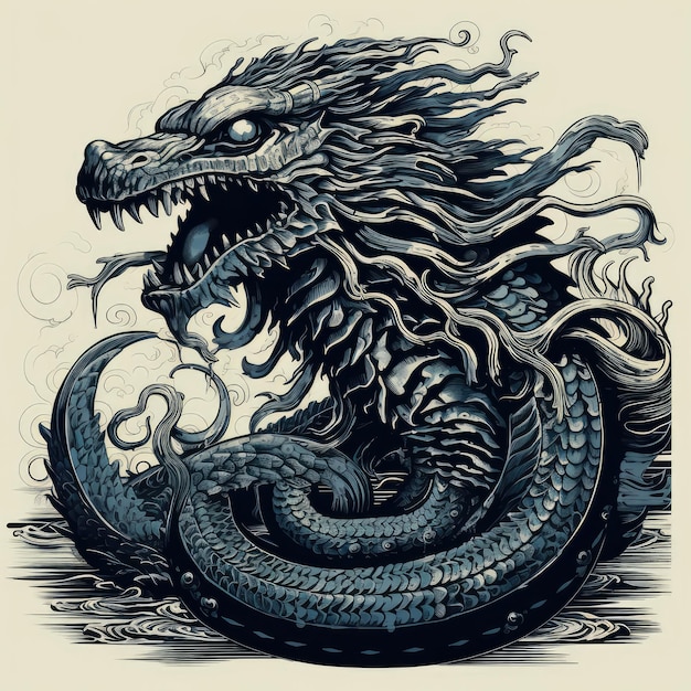 A detailed black and white drawing of a fierce dragon