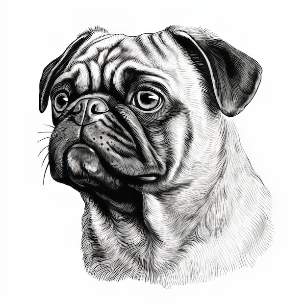 Detailed Black And White Engraving Of A Pug Dog Portrait