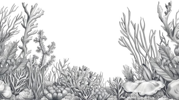 Photo detailed black and white illustration of a coral reef suitable for educational materials or marine conservation campaigns