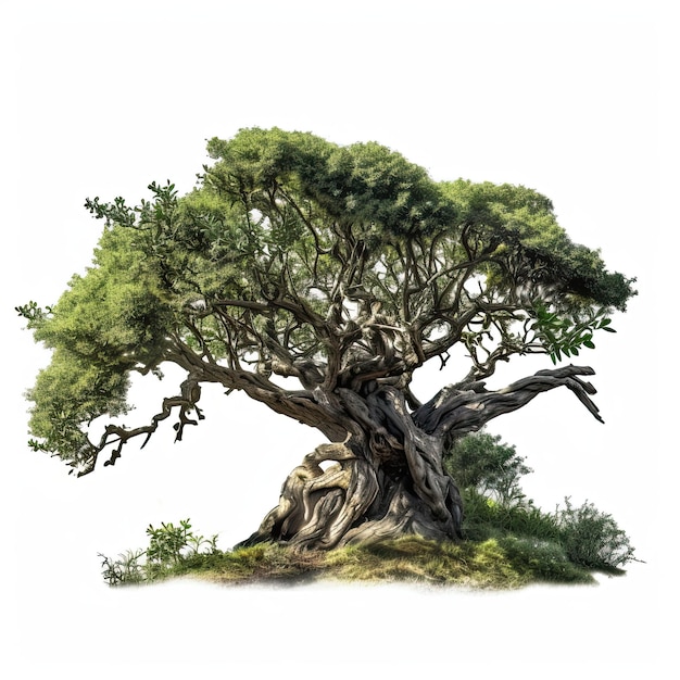 흰색 배경에 있는 나무의 자세한 식물 그림 Generative AI