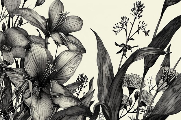 Detailed botanical studies in pen and ink