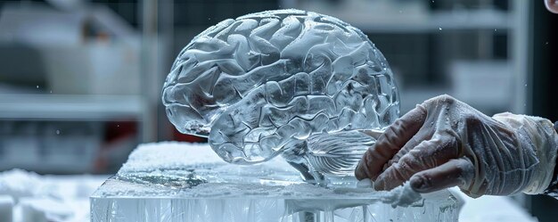 Photo a detailed brain encased in a block of ice being carefully chipped away by an ice sculptor