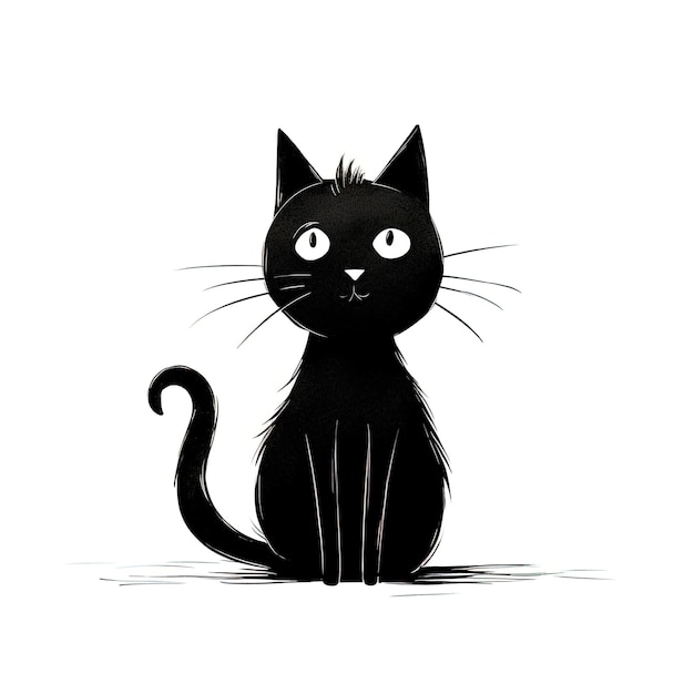 a detailed cartoon of a black and white cat sitting in the style of simple line drawings