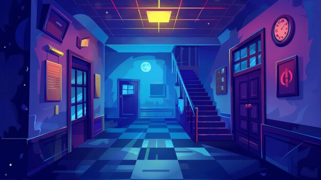 Detailed cartoon modern image of a school hallway at night in moonlight There are stairs a window classroom doors and lockers noticeboard and bell clock and a fire safety kit on the walls Dark