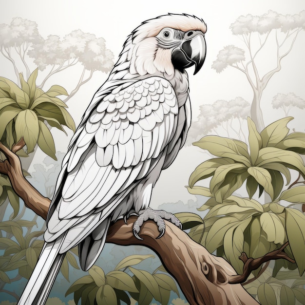 Photo detailed character design of a white parrot in a forest