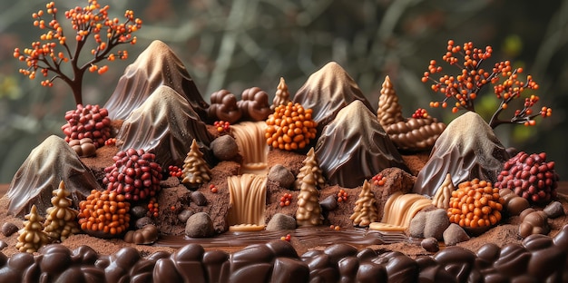 Photo detailed chocolate sculpture resembling mountain landscape with trees animals berries presented