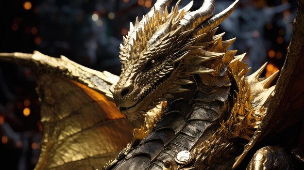 Detailed close up of dragon statue in gold