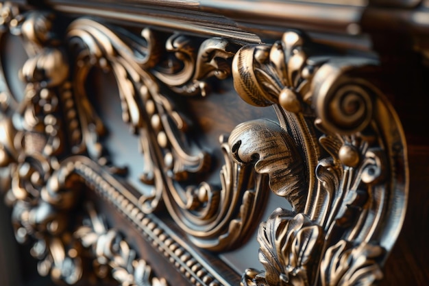 Photo detailed close up of ornate carvings on a wooden table perfect for furniture or interior design concepts