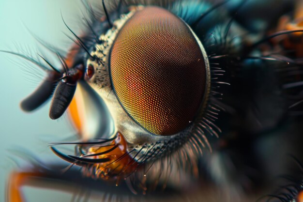 Photo a detailed close up shot capturing the features and movements of a fly insect macro photograph of the eye of a housefly ai generated