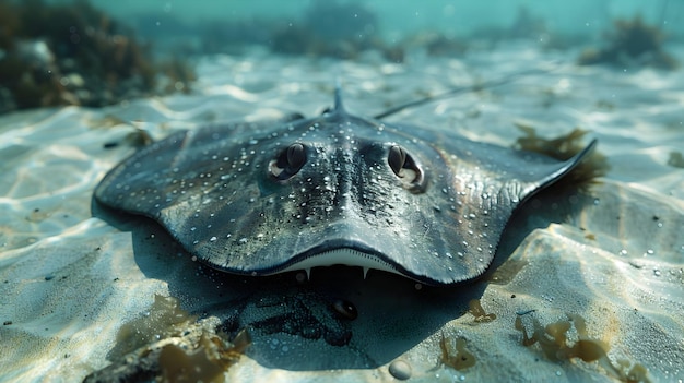 Photo a detailed close up stingray resting on ocean floor perfect for marine life and underwater themes