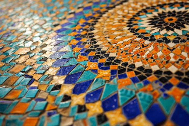 Детальный крупный взгляд на яркую и сложно спроектированную мозаичную плитку Мозаика плиток на выставке исламского искусства