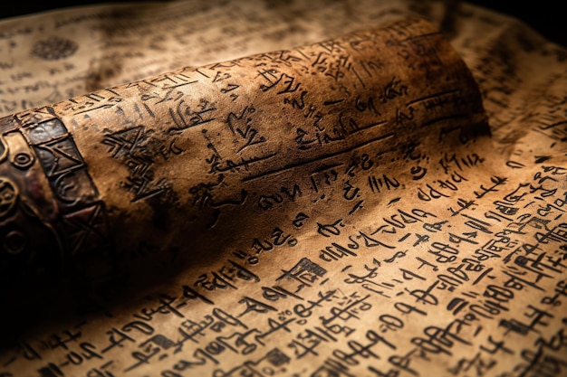 Detailed closeup of an aged parchment scroll with cryptic runic symbols