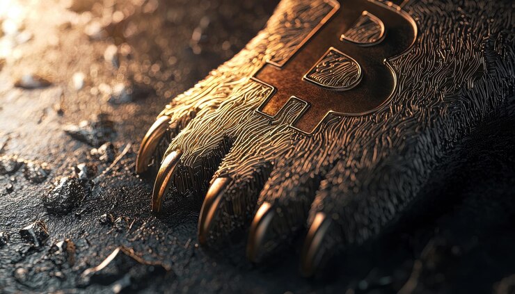 A detailed closeup of a bear paw with a Bitcoin symbol symbolizing strength in cryptocurrency