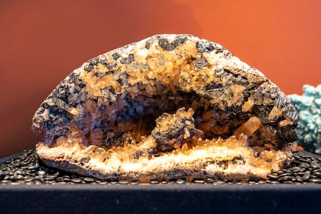 A detailed closeup of a beautiful cluster of glassy quartz crystal mineral stones