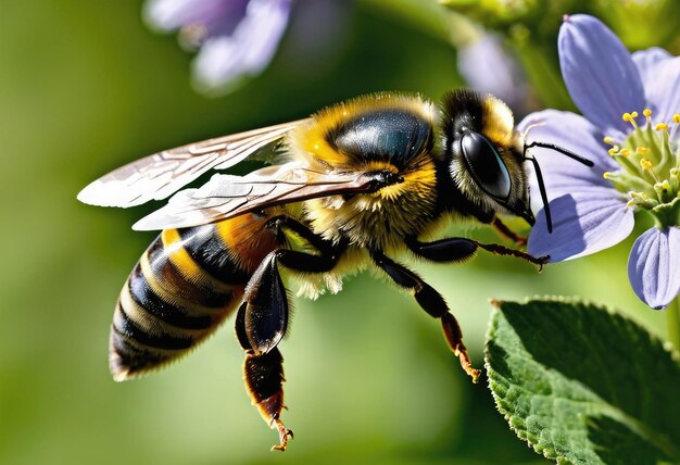 A detailed closeup of a bee flying highlighting its role as a pollinator