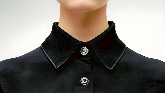 Photo detailed closeup of black polo shirt collar button on white background concept clothing photography product detail polo shirt black color closeup shot