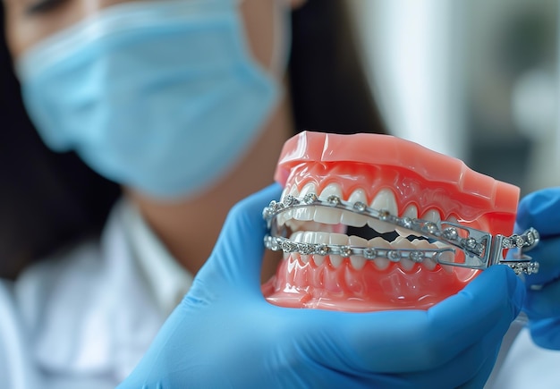 Detailed closeup of braces on a model of human teeth highlighting orthodontic care and dental health