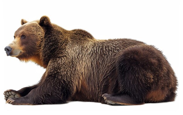 A detailed closeup of a brown bear showcasing its thick fur and powerful build isolated on a white background