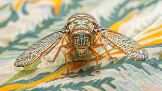 Photo detailed closeup of a cicada on fabric