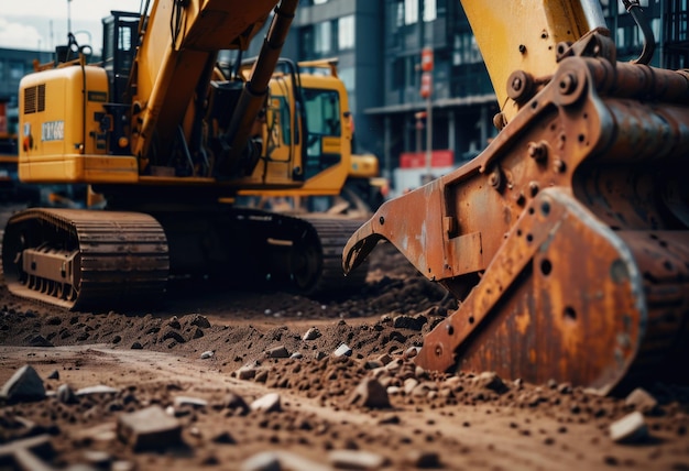建設現場の掘削機の詳細なクローズアップは,その力と機械の動作を示しています