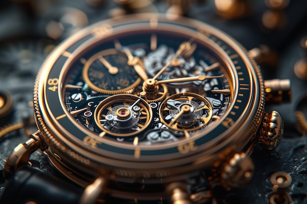 Detailed closeup of gold gears on watch face